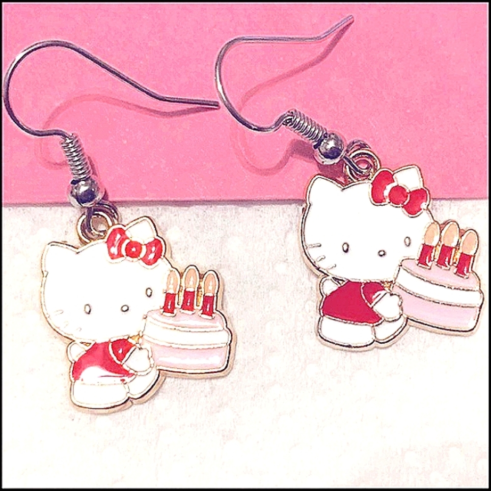 Hello Kitty Happy Birthday  Earrings White Red Kitty Cat Cake Stainless  NWT